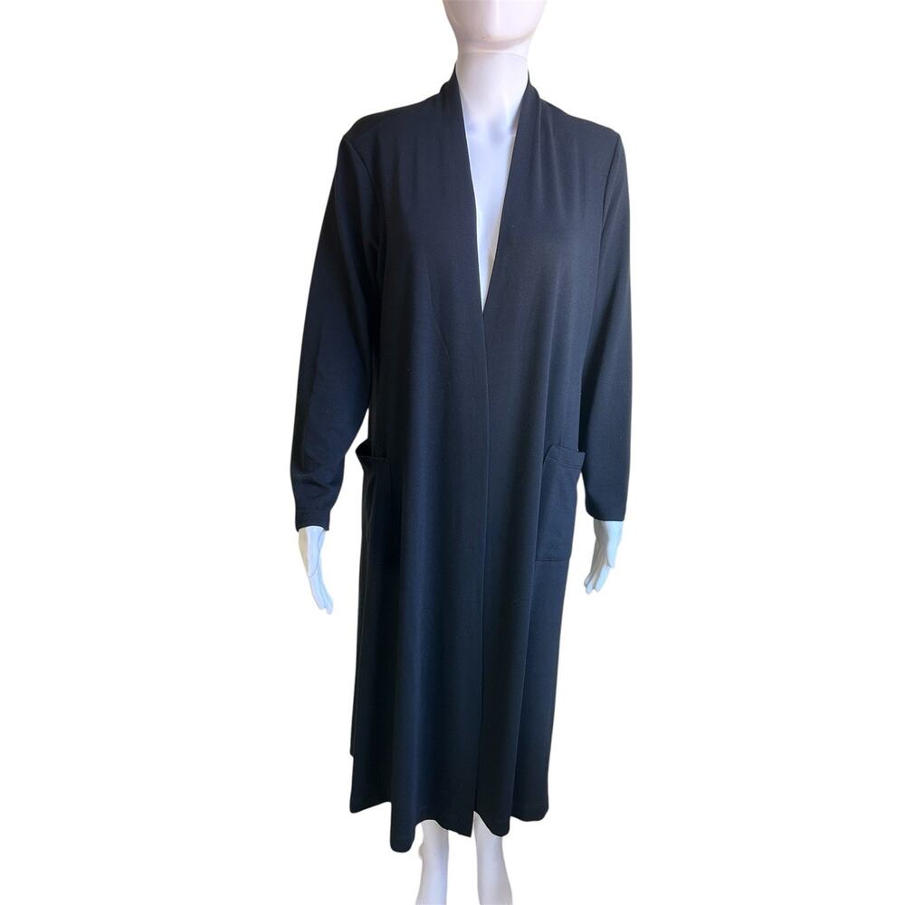 Franne Golde Black Maxi Duster Cardigan PM Open Front Travel Knit Pockets Soft